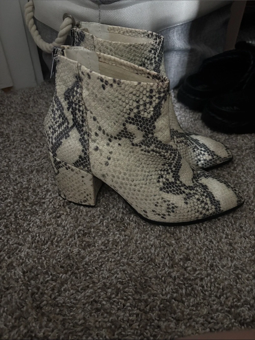 Steve Madden Cream and Black Snake-Print Block Heel Booties